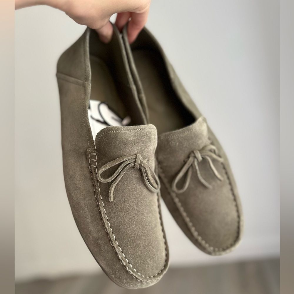 ZARA LEATHER SLIDE LOAFERS Khaki Green